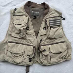 Simms Fly Fishing Outdoor Vest Multiple Pockets Fly Rack Zippers XL X Large Tan